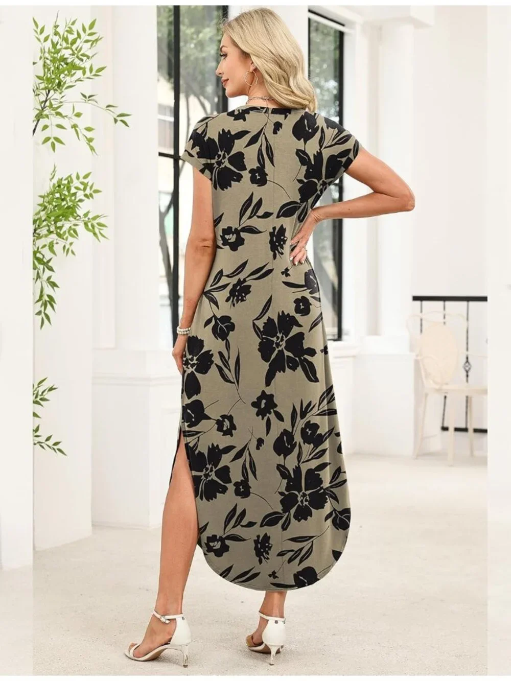 Women's Floral Black Flowers Summer Cap Sleeves Crewneck Maxi Dress with Pockets - Picture 5 of 5